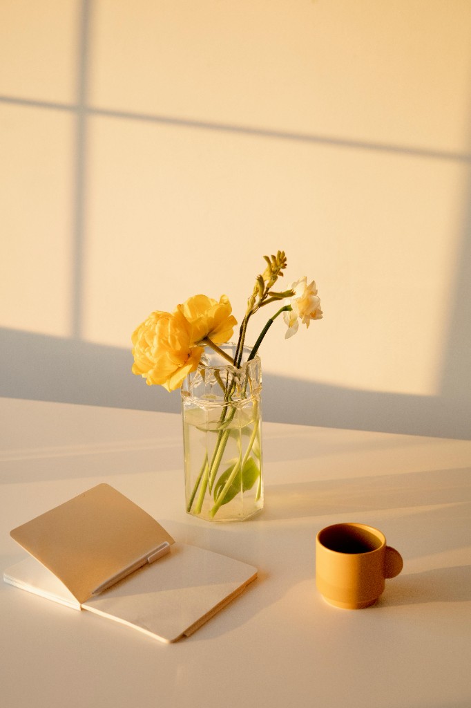 Flores amarillas y una libreta abierta sobre una mesa al sol, ambiente cálido y luminoso